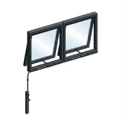 Two windows operated using a Highline Manual Window Opener Kit in black.