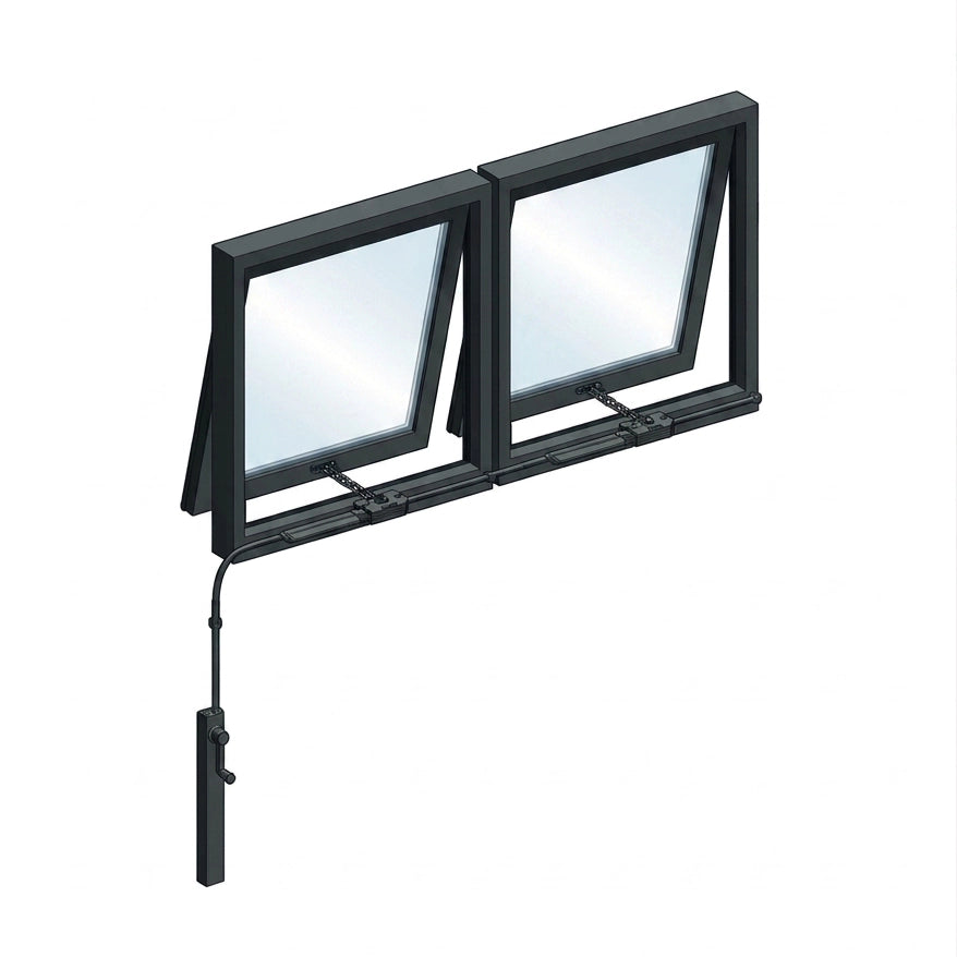 Two windows operated using a Highline Manual Window Opener Kit in black.