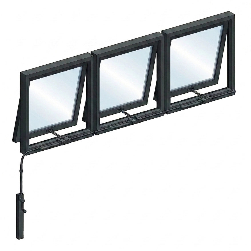 Three windows operated using a black Highline Manual Window Opener Kit.